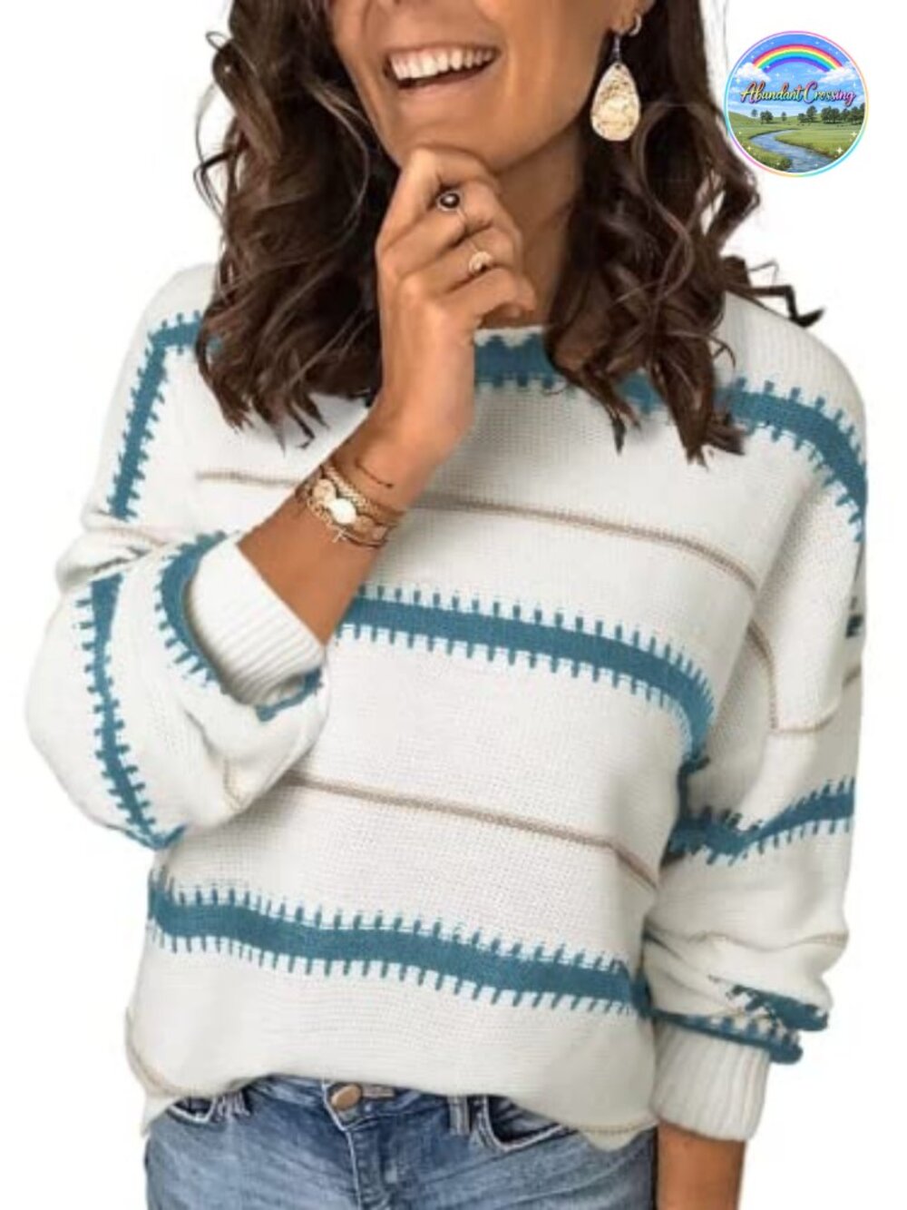 Women's Crew Neck Color Block Long Sleeve Pullover Sweater Knit Fall Top